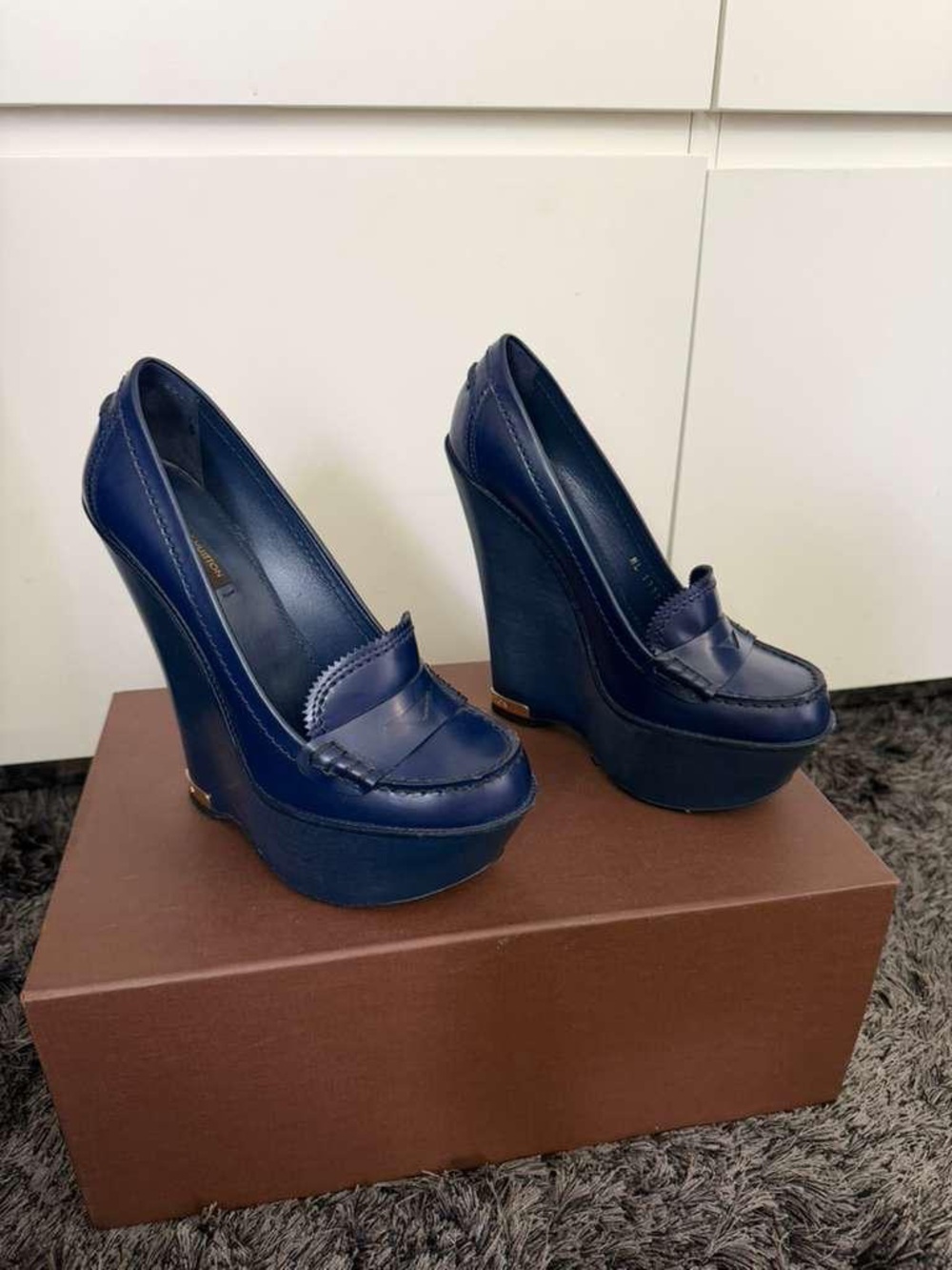 Louis Vuitton Navy Leather Platform Wedge Loafers limited edition